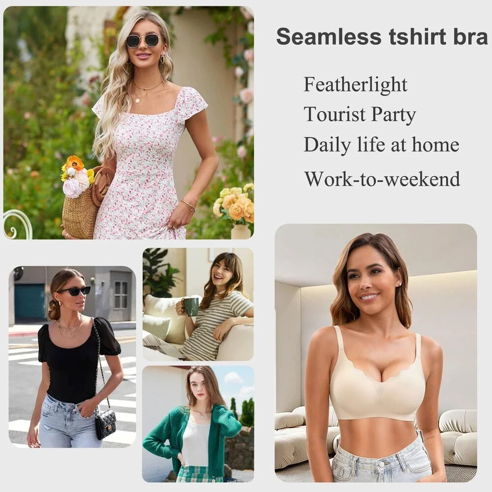 Jasmolly Women's Seamless T-Shirt Bras 3 Pack Wireless Comfy Jelly Bra Full L